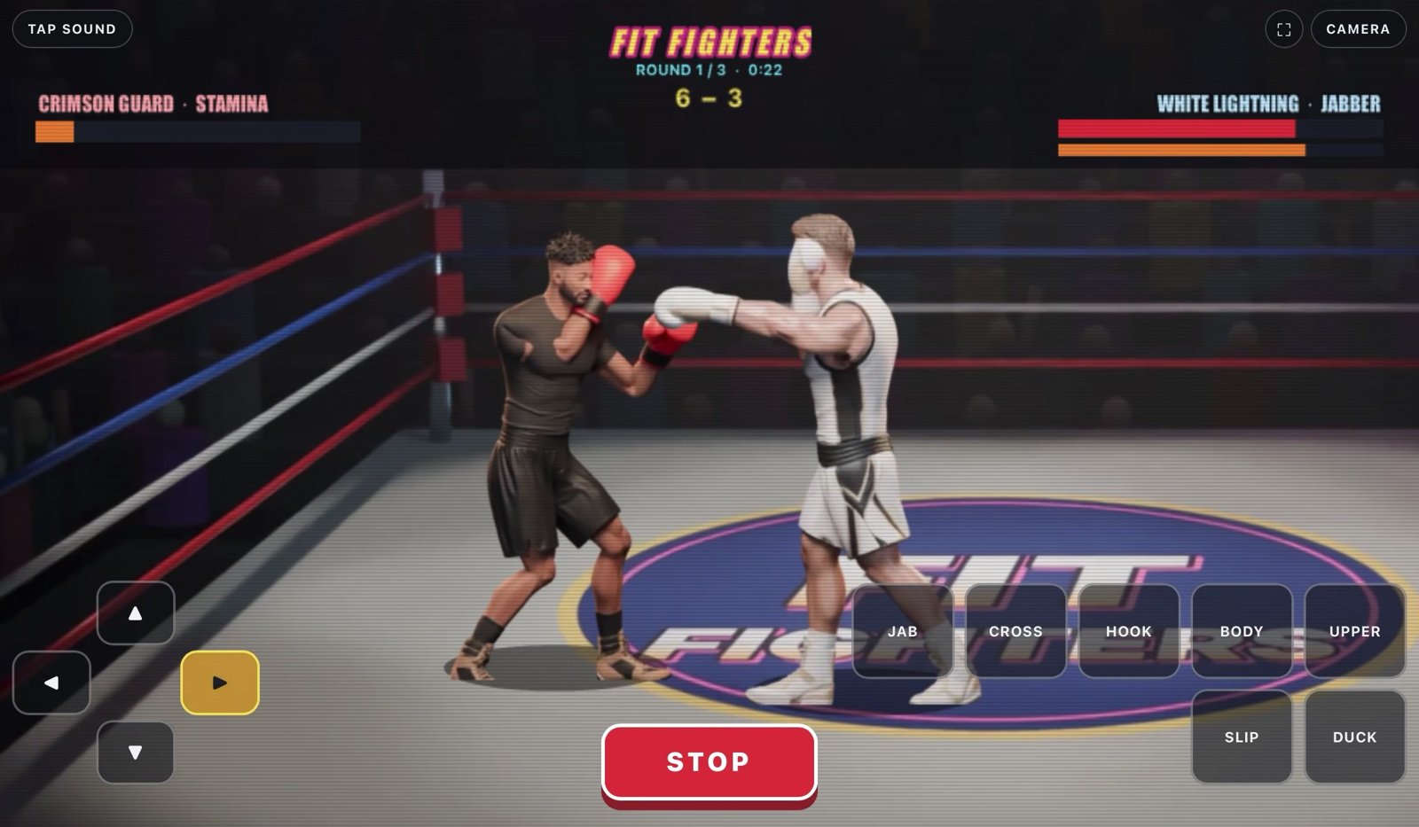 Fit Fighters: The Last Bell gameplay — Crimson Guard and White Lightning trade punches in the ring with fight HUD