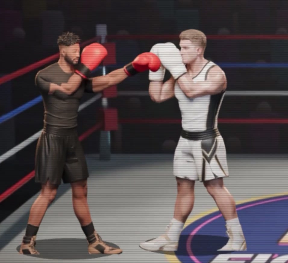 Cinematic close-up of two Fit Fighters game boxers exchanging punches