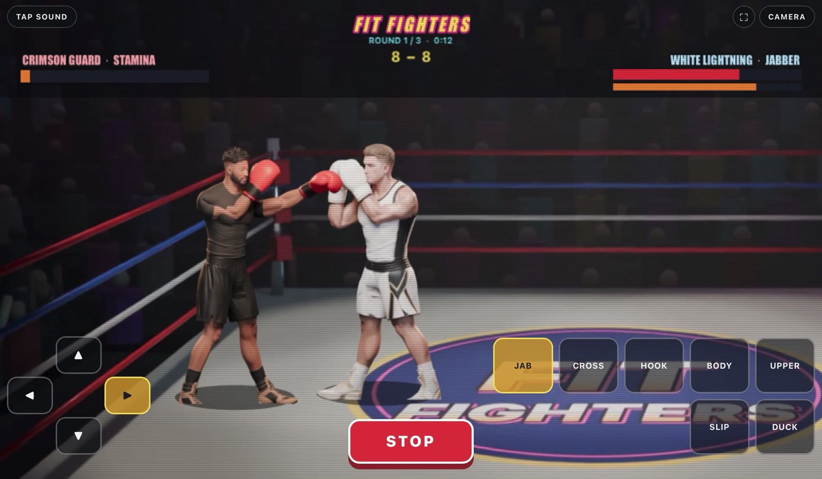 Fit Fighters: The Last Bell gameplay screenshot showing round timer, score, and punch controls